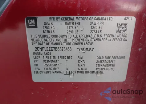 2011 Chevrolet Equinox 1Lt из США, поврежденный, VIN 2CNFLEEC7B6373463